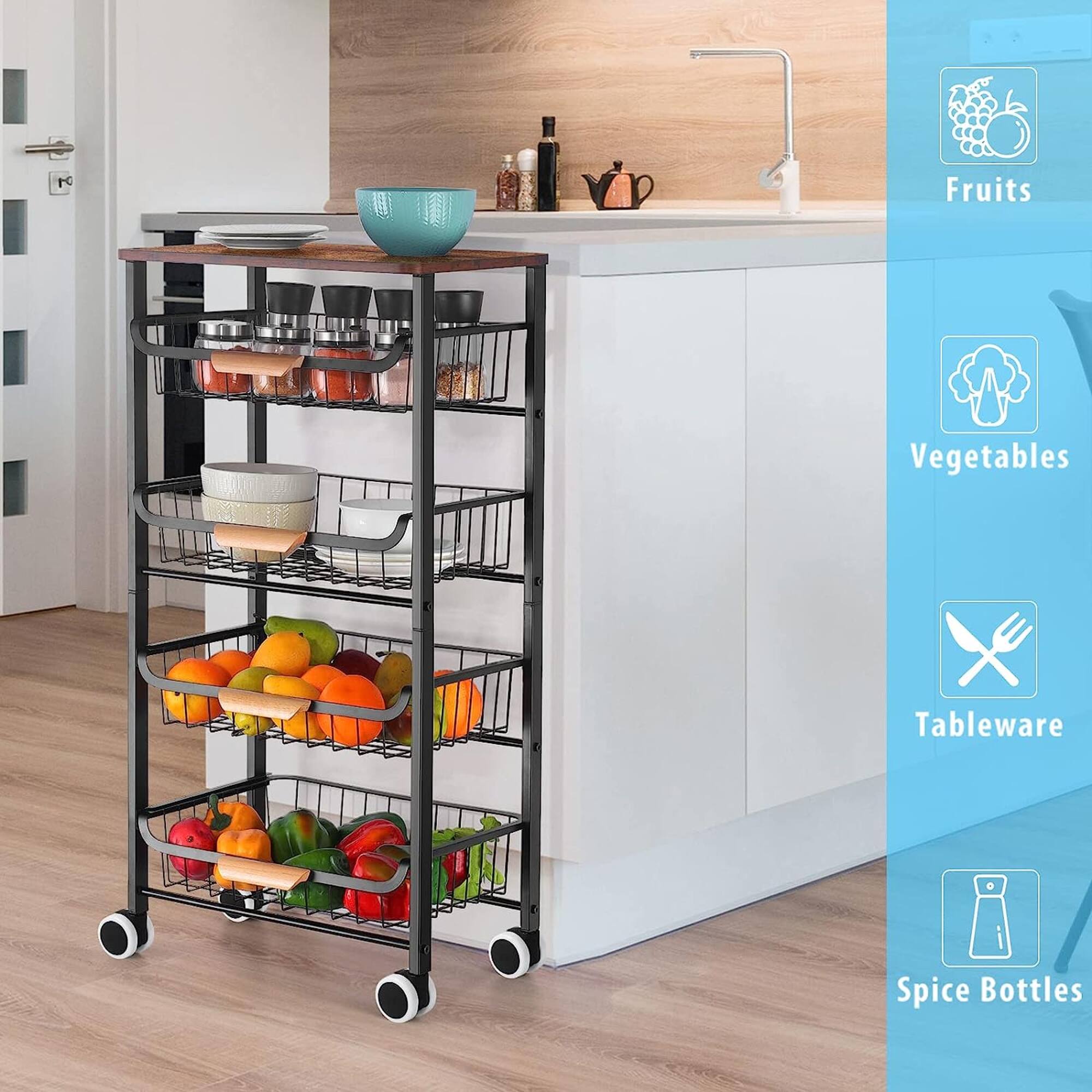 Black 5-Tier Metal Wire Basket Shelf Kitchen Storage Rolling Cart